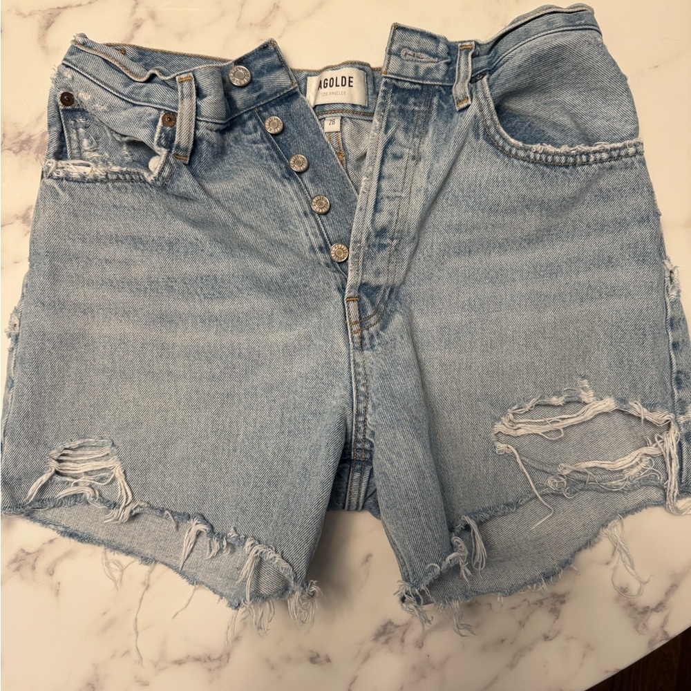 Agolde Distressed Light Blue Jean Shorts